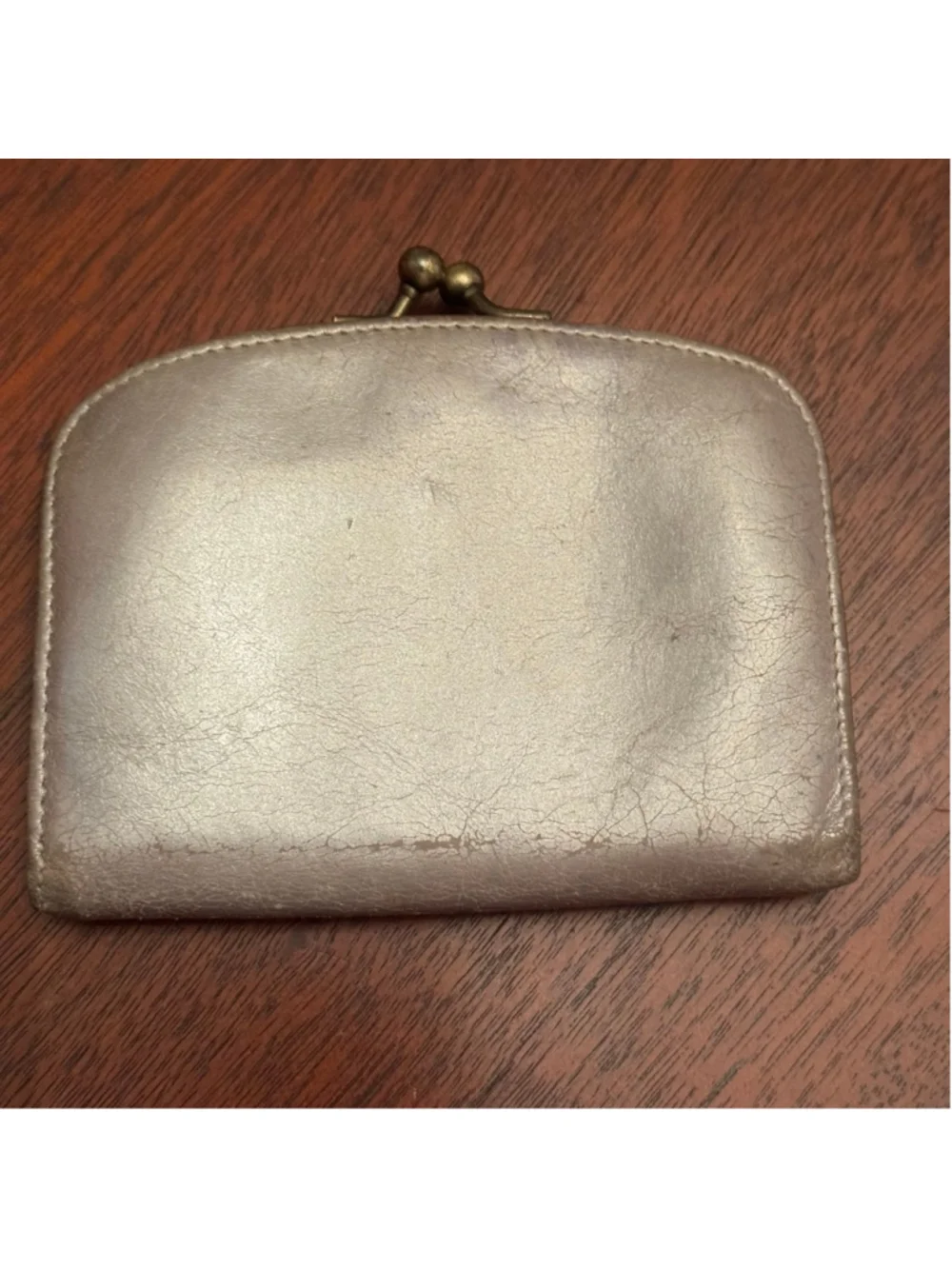 Hobo International Metallic Silver Leather Kiss Lock Coin Purse Card Wallet Flor